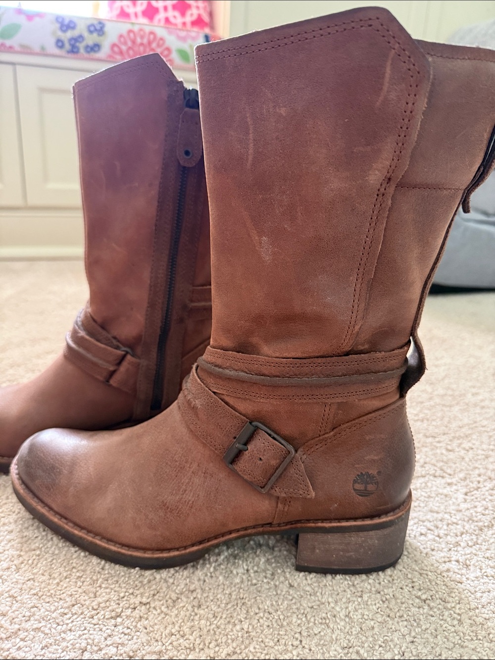 Timberland Women's Chestnut Brown Leather Mid-Calf Buckle Boots